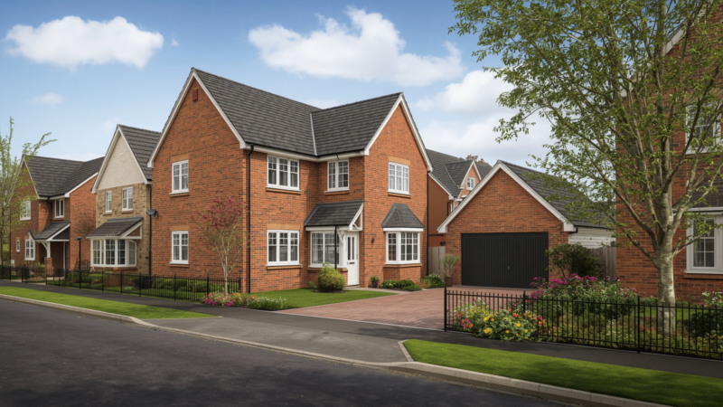 freehold houses exterior, realistic UK detached and semi-detached homes, private driveways, front gardens, brick facades, suburban street, polished property photography