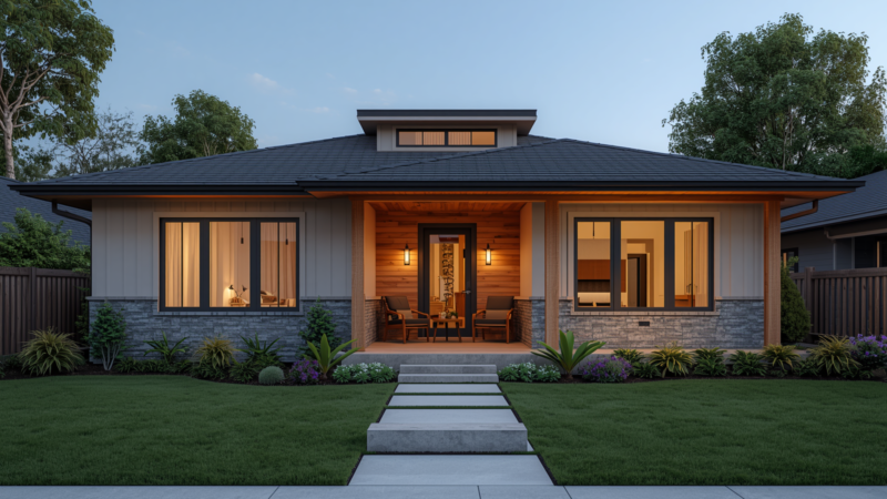 modern Airbnb bungalow exterior, stylish single-storey vacation rental, clean lines, warm wood accents, large windows, inviting front porch, landscaped garden, realistic, high detail (2)