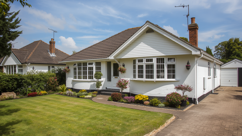 white bungalow type house exterior, realistic UK bungalow, white painted facade, single-storey home, neat front garden, driveway, clean suburban setting, bright daylight, polished property photography